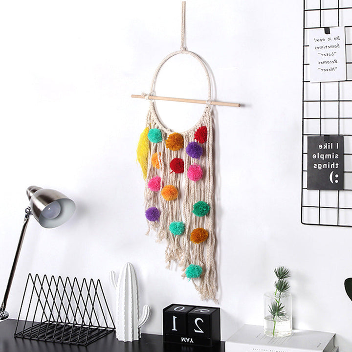 Boho Pom-Pom Macrame Wall Hanging with Feather Accents