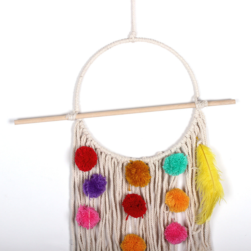 Boho Pom-Pom Macrame Wall Hanging with Feather Accents