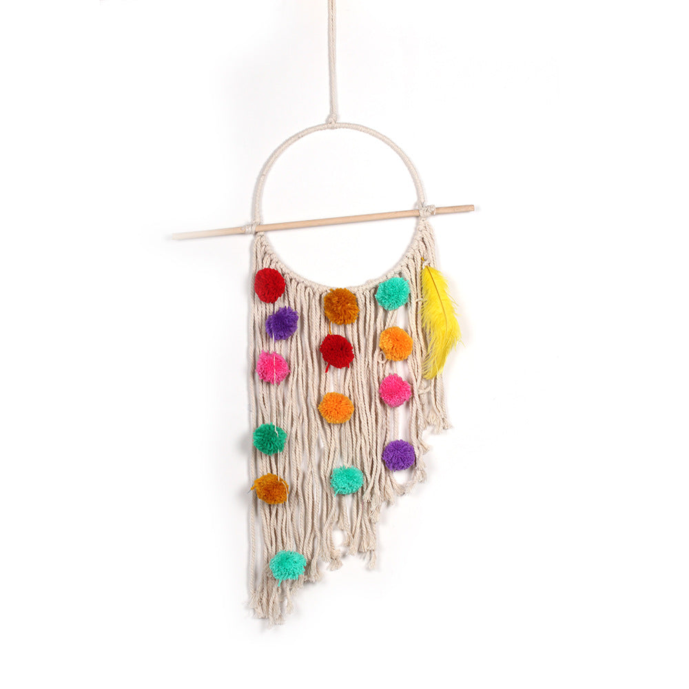 Boho Pom-Pom Macrame Wall Hanging with Feather Accents