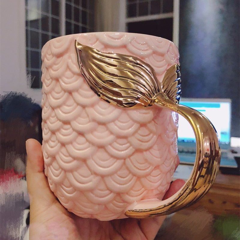 Mermaid Tail Ceramic Mug with Gold Handle, 420ml Capacity