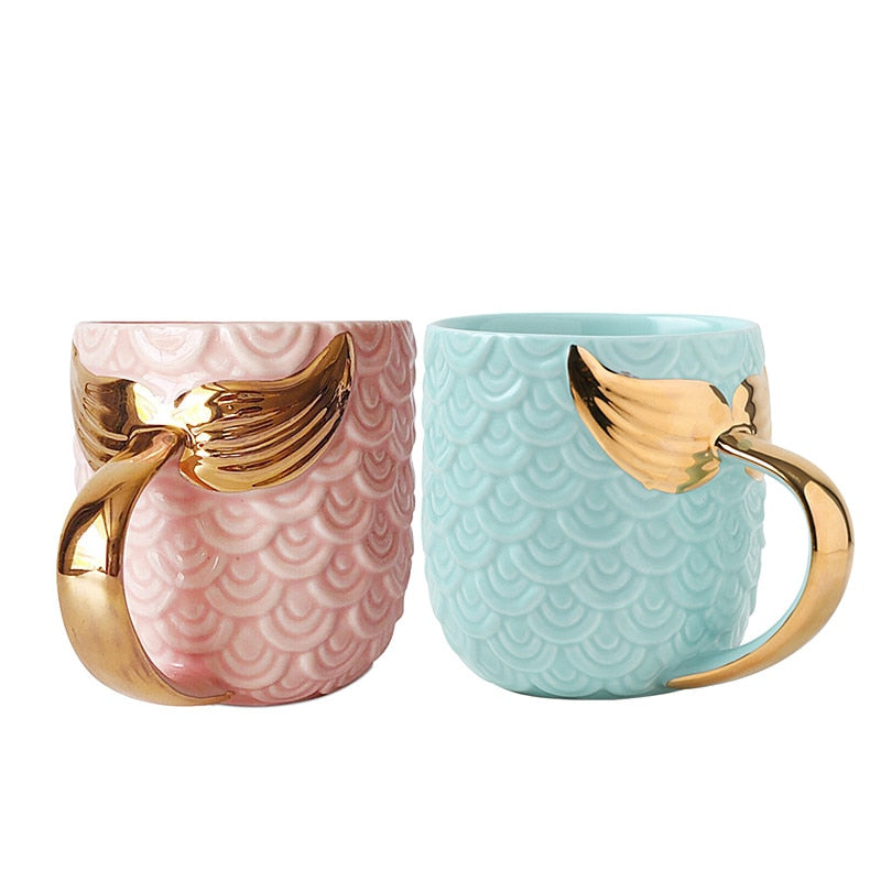 Mermaid Tail Ceramic Mug with Gold Handle, 420ml Capacity