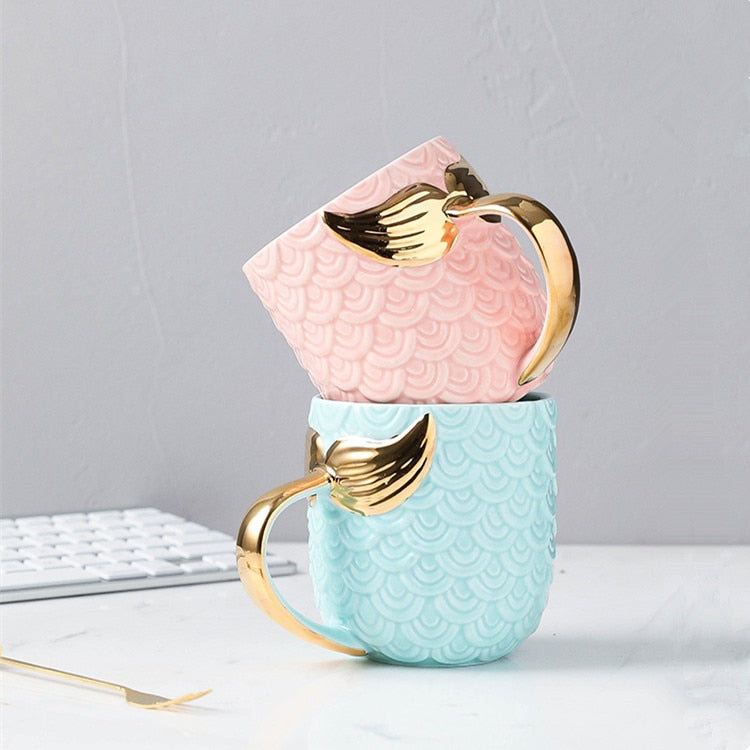 Mermaid Tail Ceramic Mug with Gold Handle, 420ml Capacity