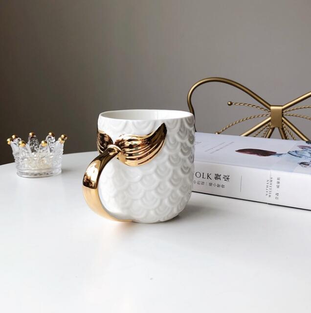 Mermaid Tail Ceramic Mug with Gold Handle, 420ml Capacity