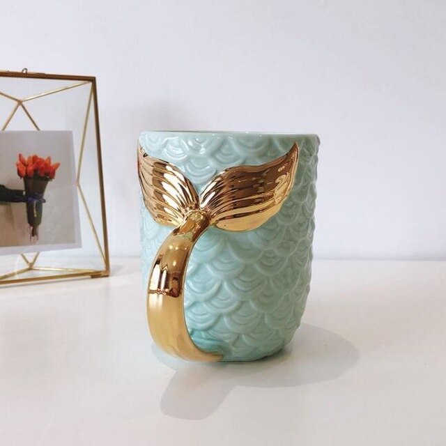 Mermaid Tail Ceramic Mug with Gold Handle, 420ml Capacity