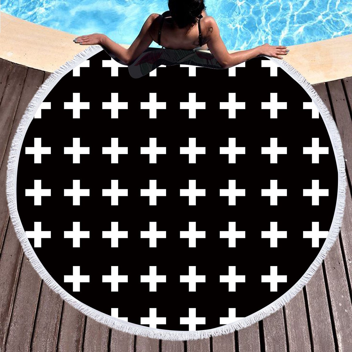 Round Beach Towel With Fringe Geometric Lounging Style