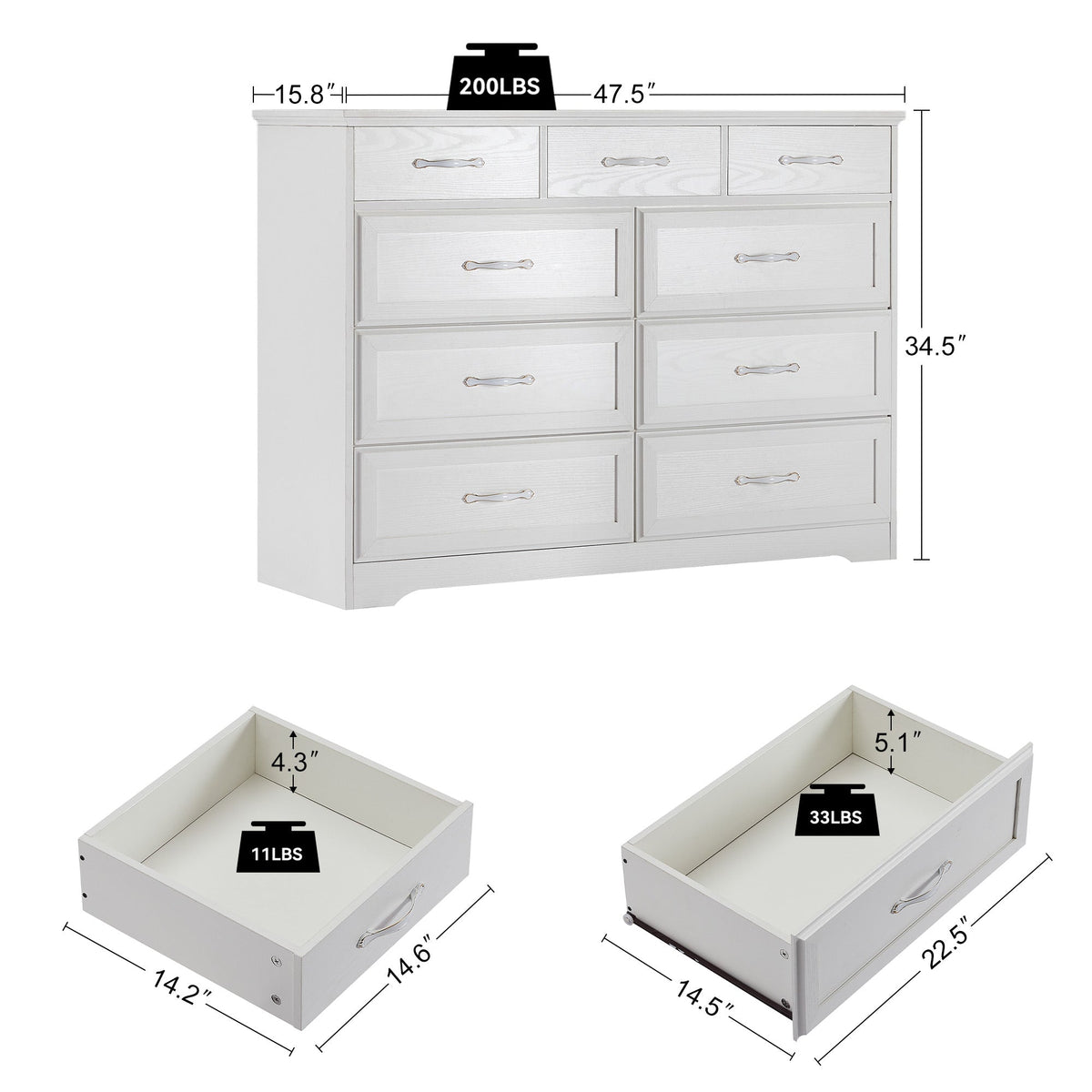 White 9-Drawer Dresser with Wood-Grain Storage Space