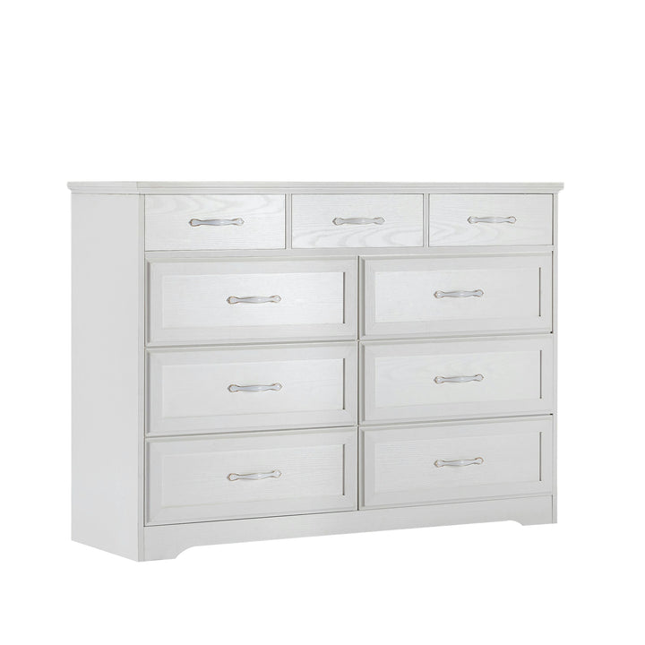 White 9-Drawer Dresser with Wood-Grain Storage Space