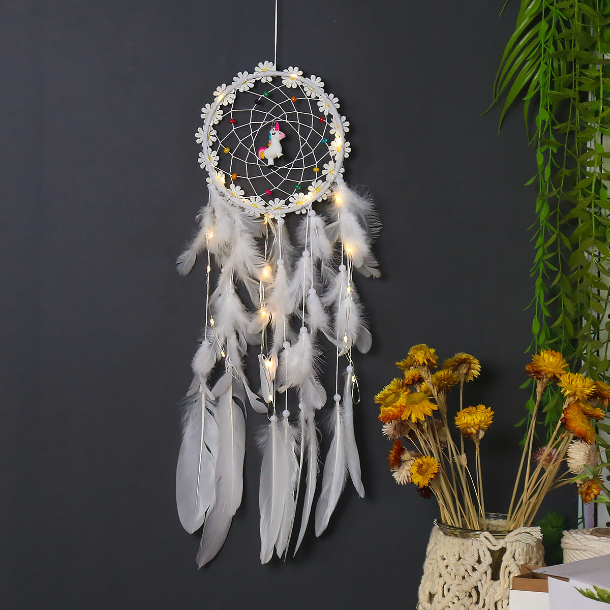 Unicorn Dream Catcher With Warm Fairy Lights Bedroom Decor