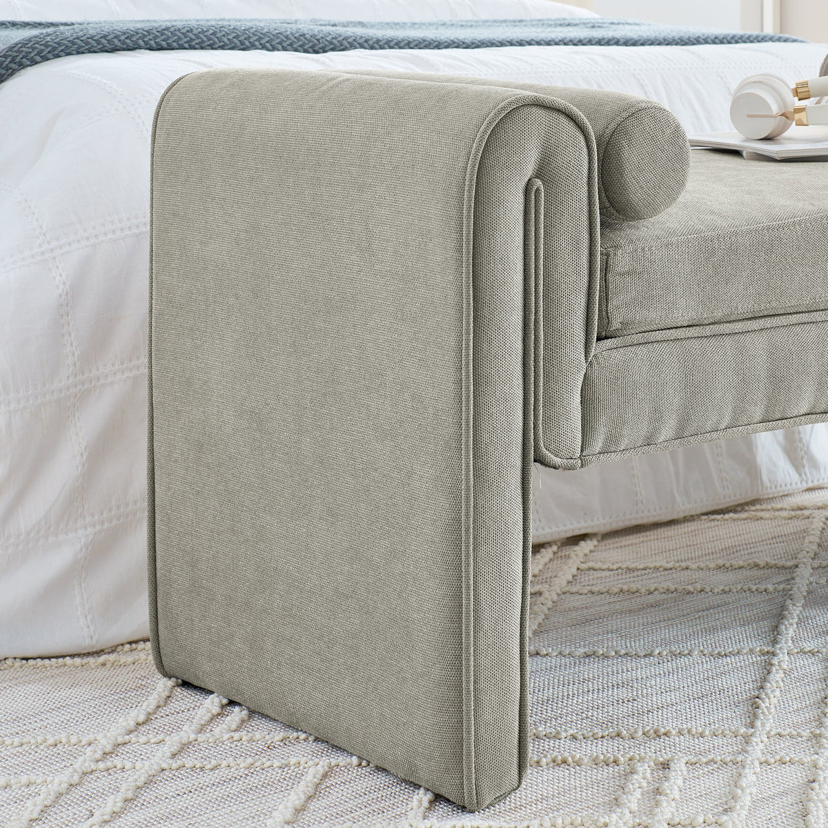 Linen Upholstered Bedroom Bench with Bolster Pillows