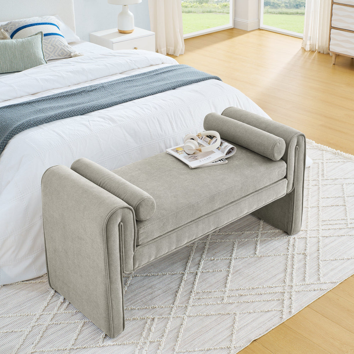 Linen Upholstered Bedroom Bench with Bolster Pillows