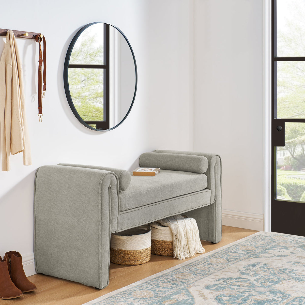 Linen Upholstered Bedroom Bench with Bolster Pillows