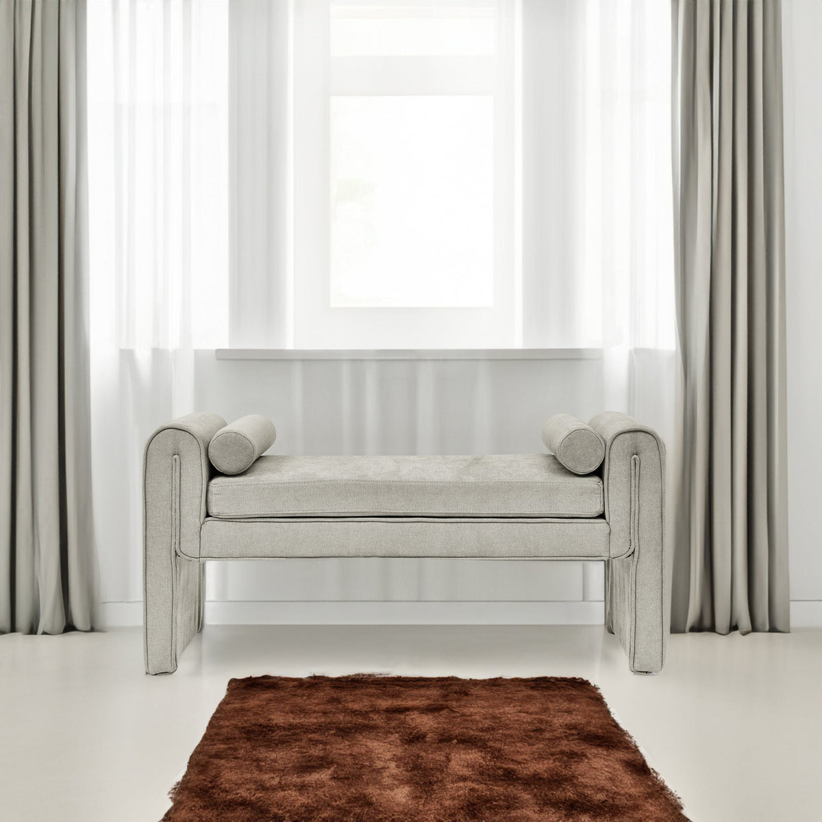 Linen Upholstered Bedroom Bench with Bolster Pillows