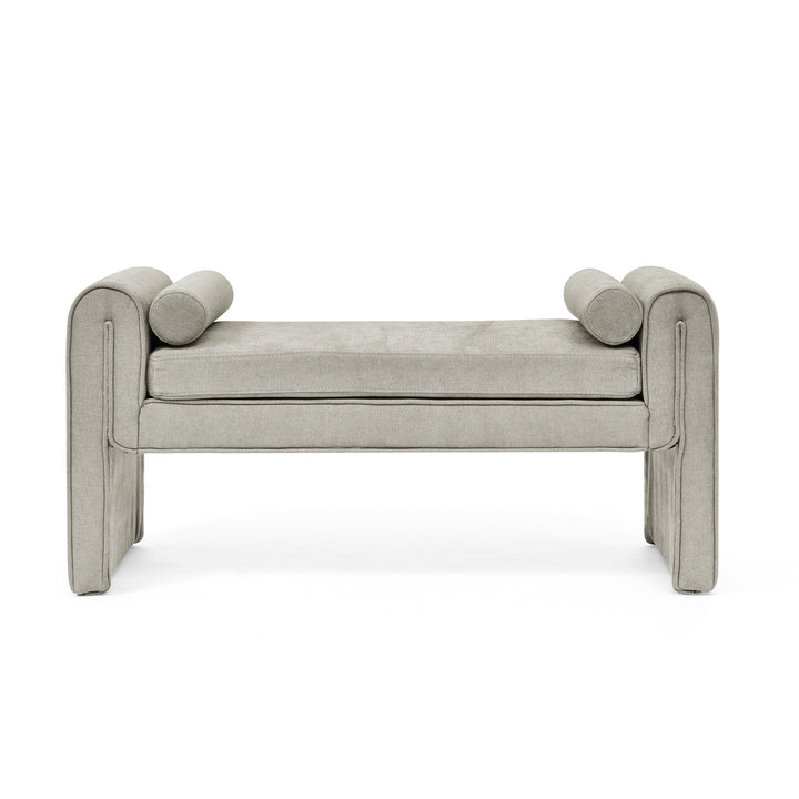 Linen Upholstered Bedroom Bench with Bolster Pillows