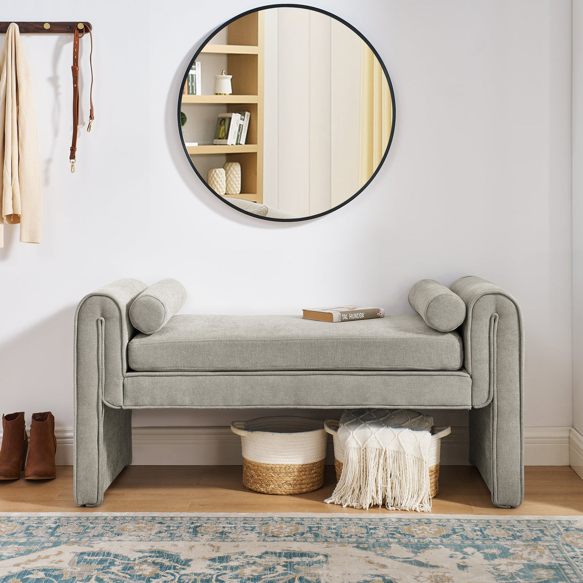 Linen Upholstered Bedroom Bench with Bolster Pillows