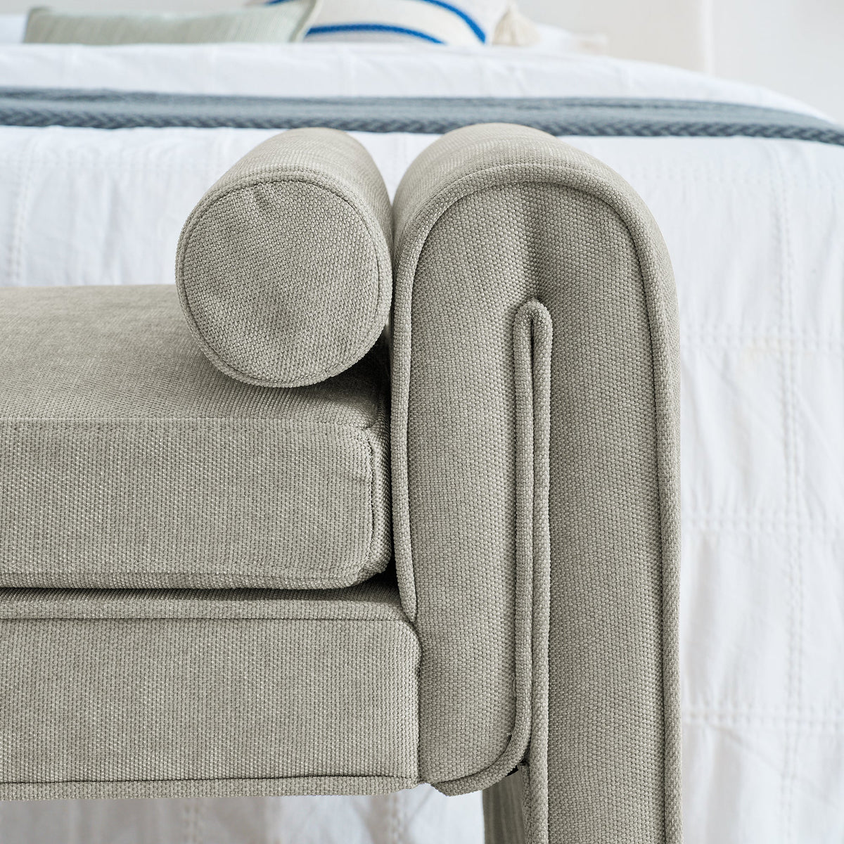 Linen Upholstered Bedroom Bench with Bolster Pillows