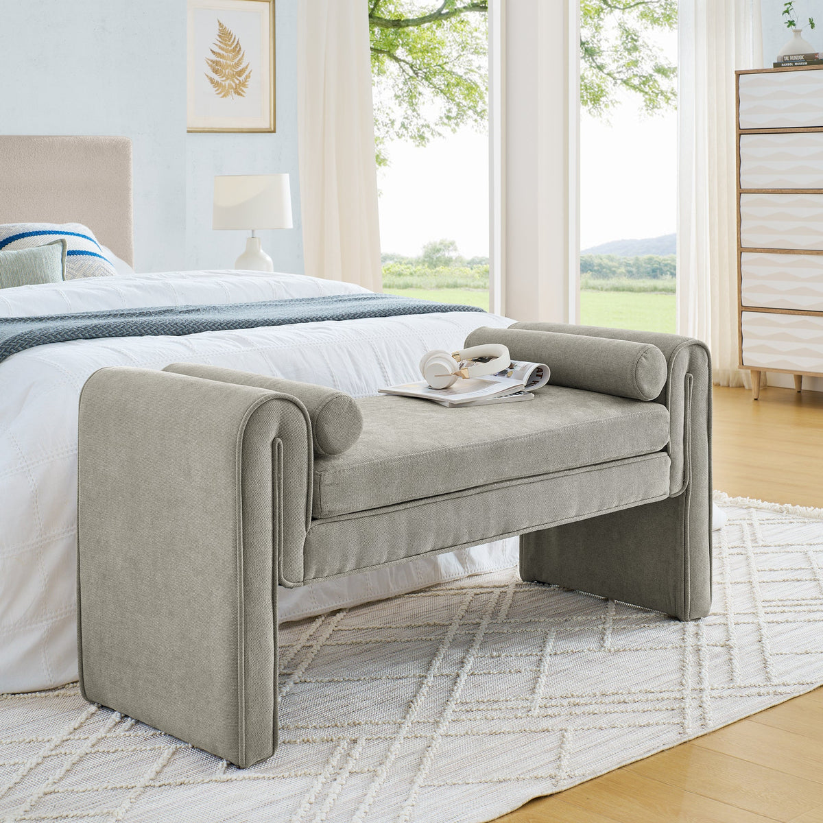 Linen Upholstered Bedroom Bench with Bolster Pillows
