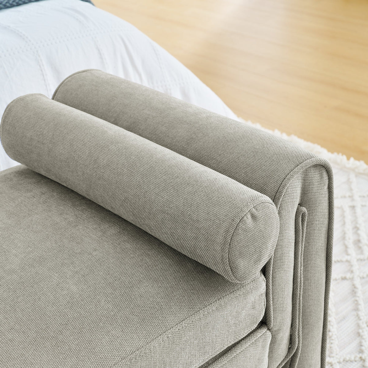 Linen Upholstered Bedroom Bench with Bolster Pillows