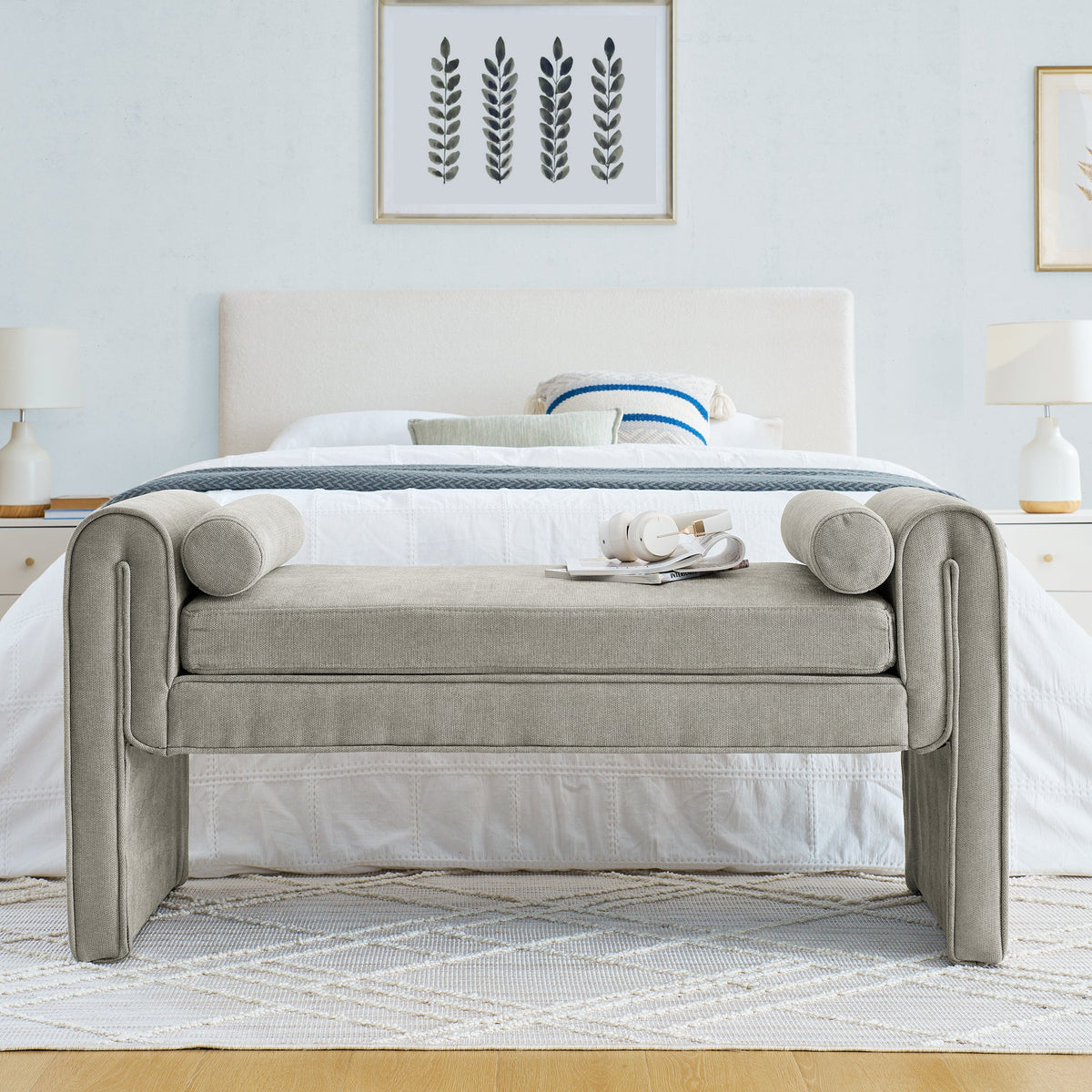 Linen Upholstered Bedroom Bench with Bolster Pillows