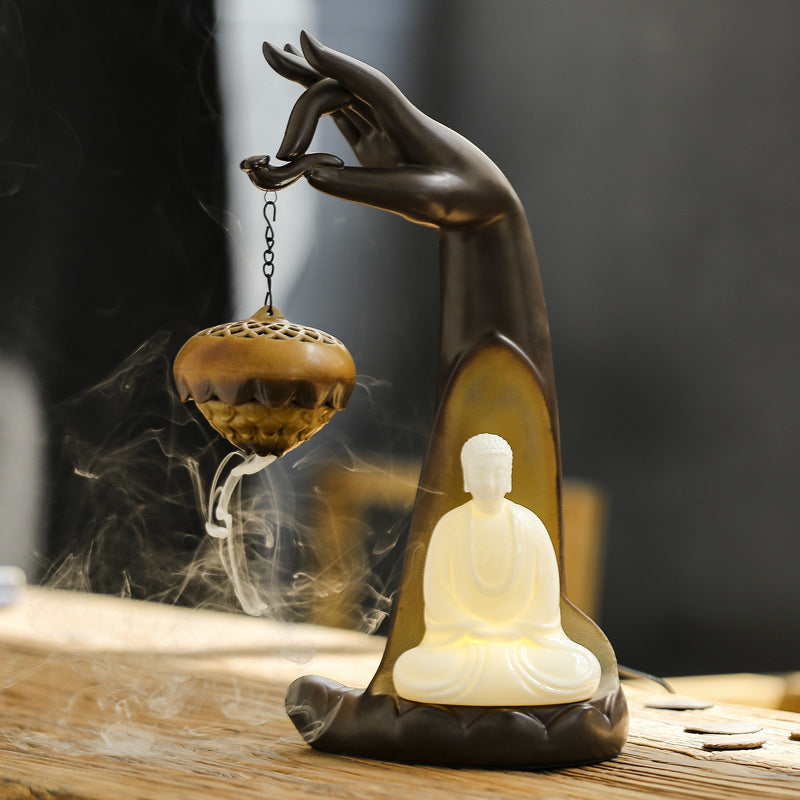 Backflow Incense Burner With Buddha Glow Night Light