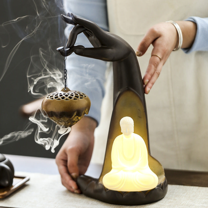 Backflow Incense Burner With Buddha Glow Night Light