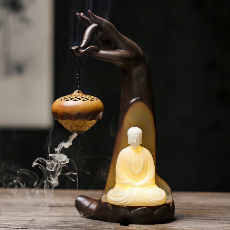Backflow Incense Burner With Buddha Glow Night Light