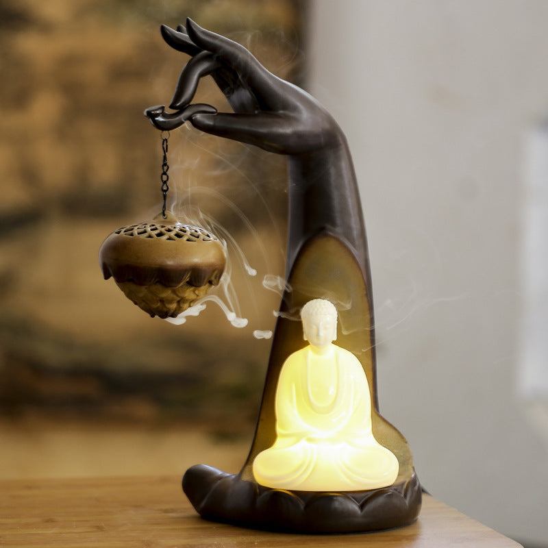Backflow Incense Burner With Buddha Glow Night Light