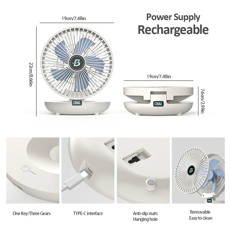 Folding Desktop Fan: Cordless Wall-Mount Cooling