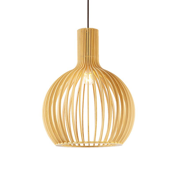 Wooden Birdcage Pendant Light with Warm Slatted Glow