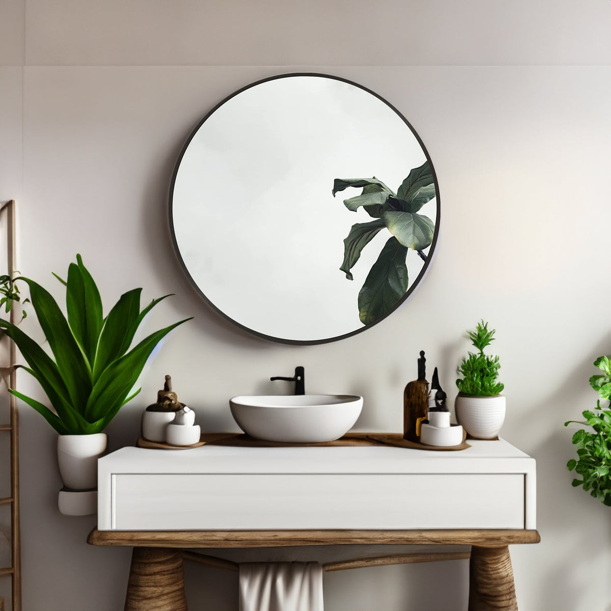 Round Bathroom Mirror 16 Inch, Modern Black Metal Frame