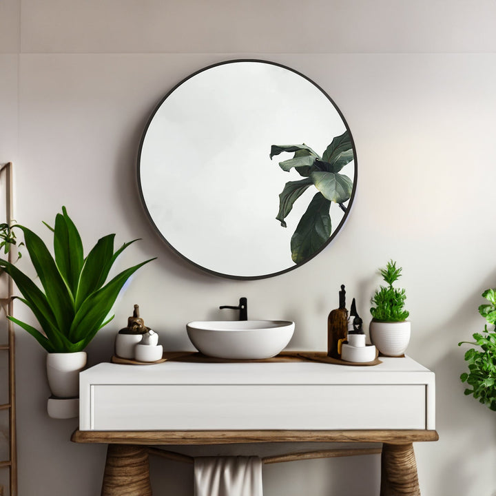Round Bathroom Mirror 16 Inch, Modern Black Metal Frame