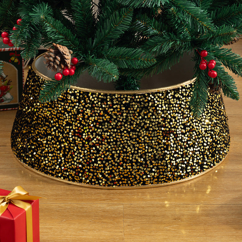 Black Sequin Christmas Tree Skirt with Gold Trim Decor
