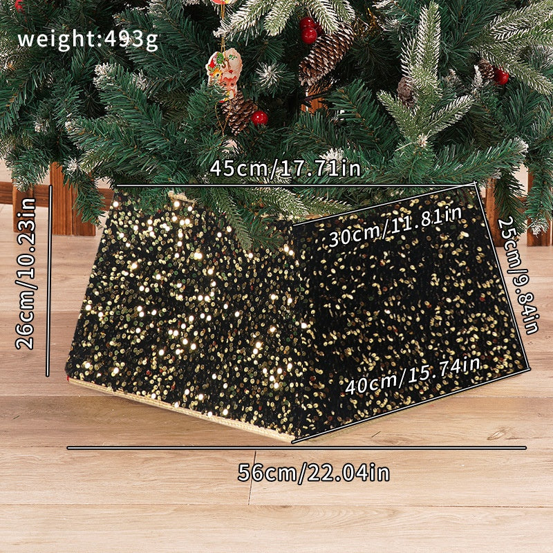 Black Sequin Christmas Tree Skirt with Gold Trim Decor