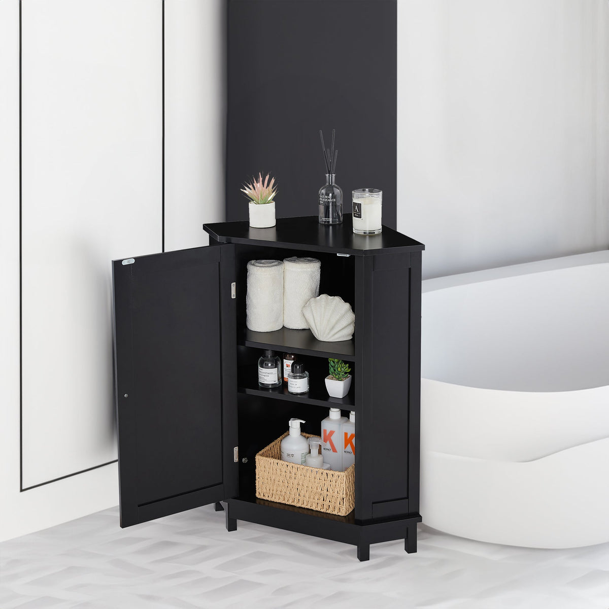 Black Corner Bathroom Cabinet with Adjustable Shelf
