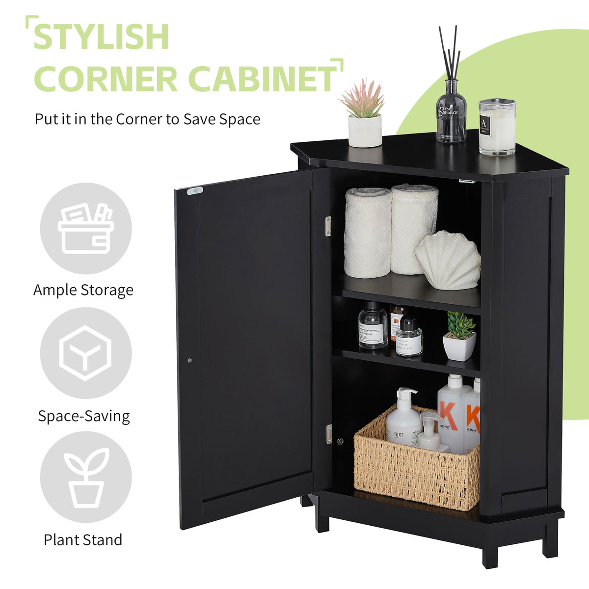 Black Corner Bathroom Cabinet with Adjustable Shelf