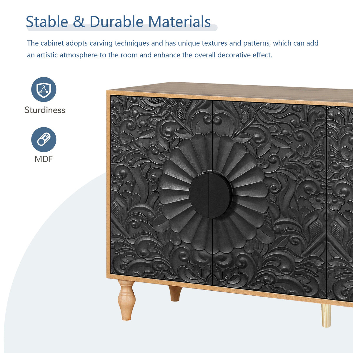 Black Carved 4-Door Sideboard with Oak Frame for TV Stand