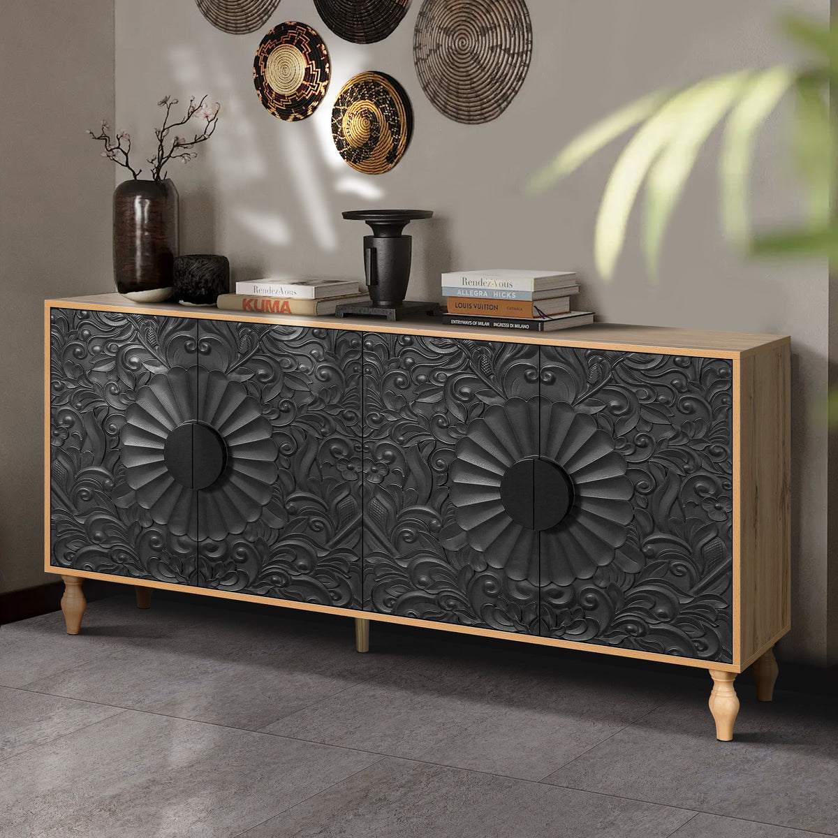 Black Carved 4-Door Sideboard with Oak Frame for TV Stand