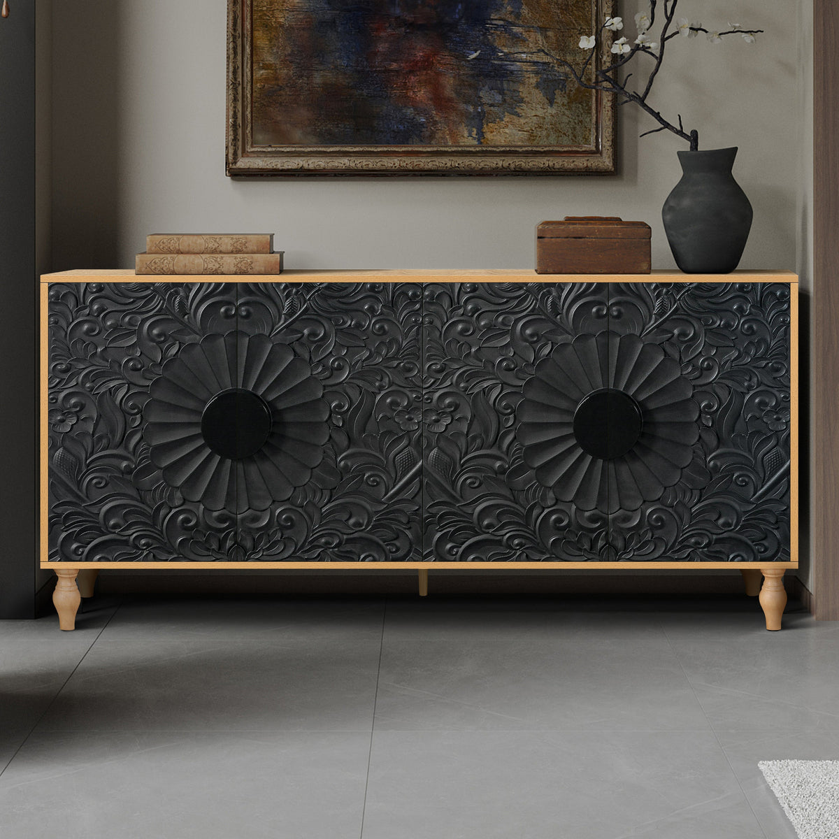 Black Carved 4-Door Sideboard with Oak Frame for TV Stand