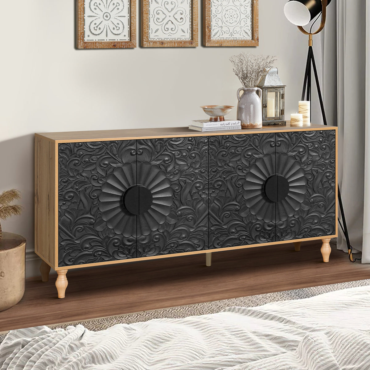 Black Carved 4-Door Sideboard with Oak Frame for TV Stand