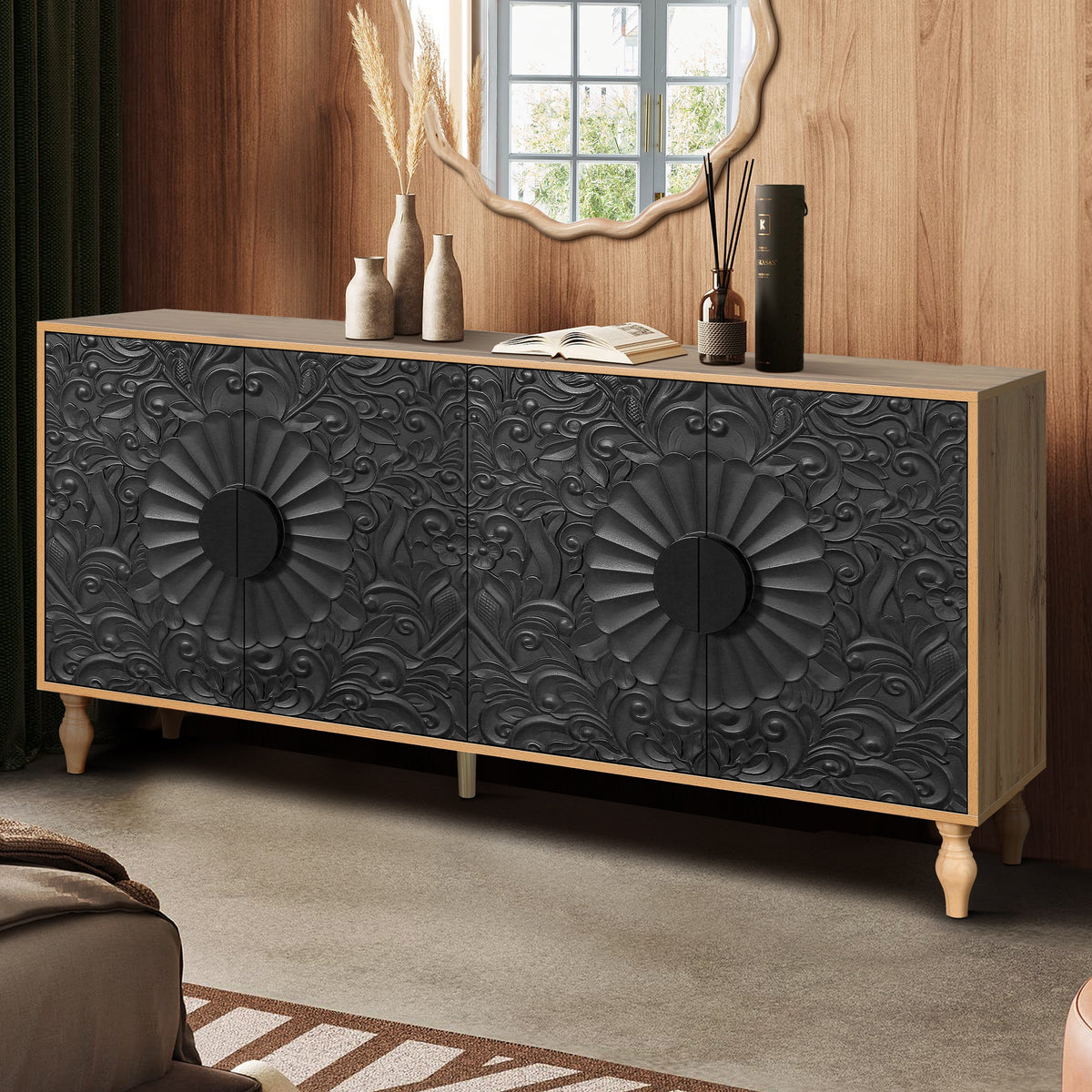 Black Carved 4-Door Sideboard with Oak Frame for TV Stand