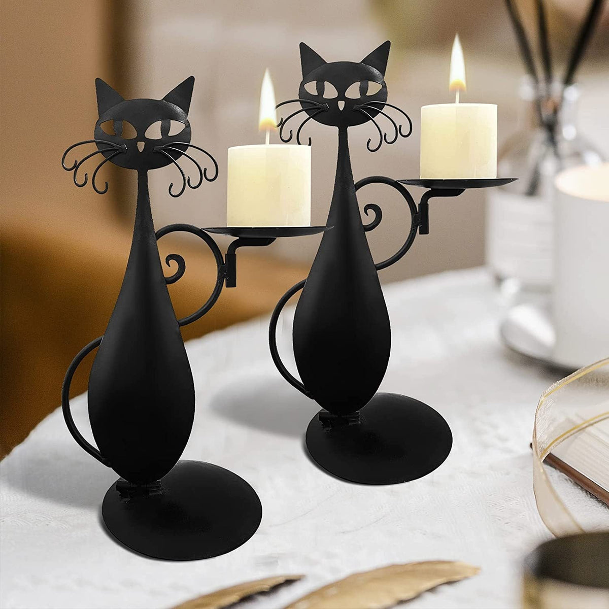 Black Cat Candle Holder for Cozy Farmhouse Table Decor