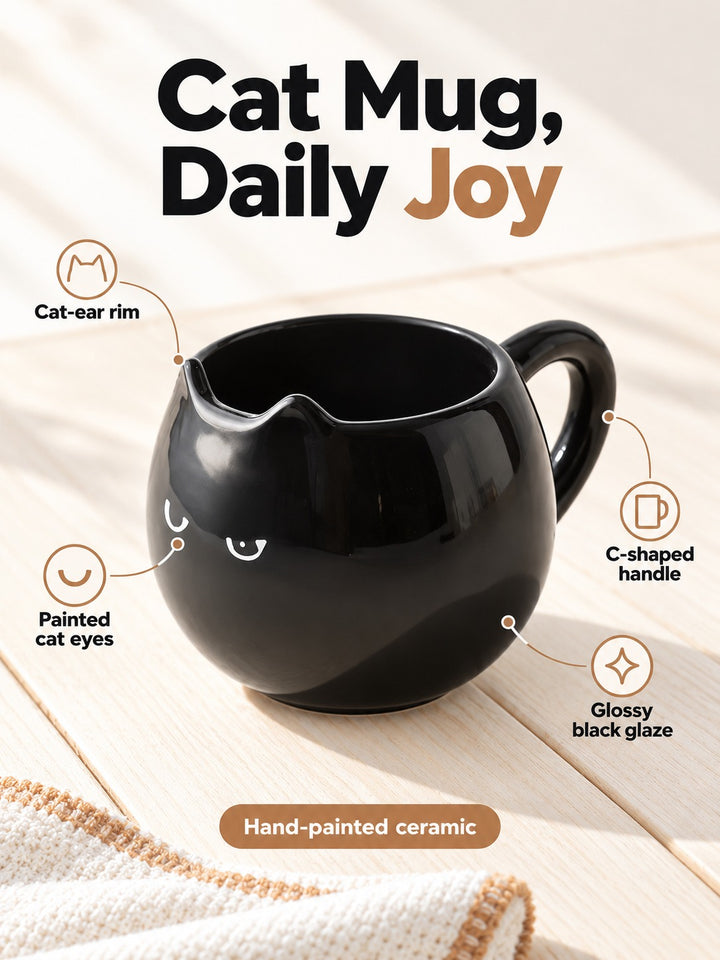 Black Cat Ceramic Mug: Hand-Painted Coffee & Tea Mug