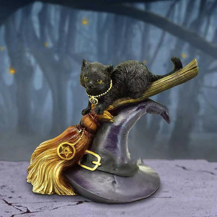 Black Cat Witch Figurine for Whimsical Halloween Decor