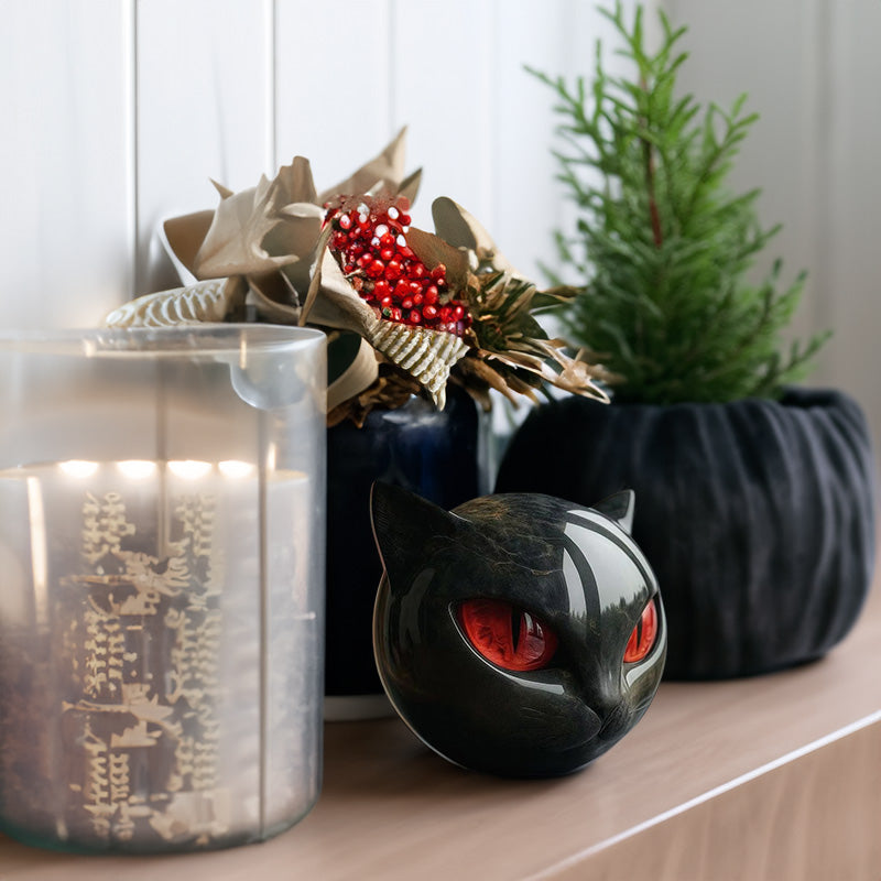 Black Cat Statue with Jewel-Toned Eyes for Desk Decor