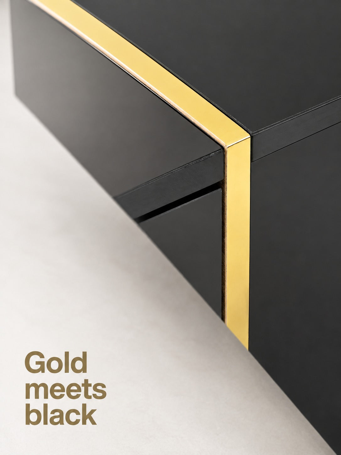 Black Coffee Table with Hidden Drawers and Gold Trim