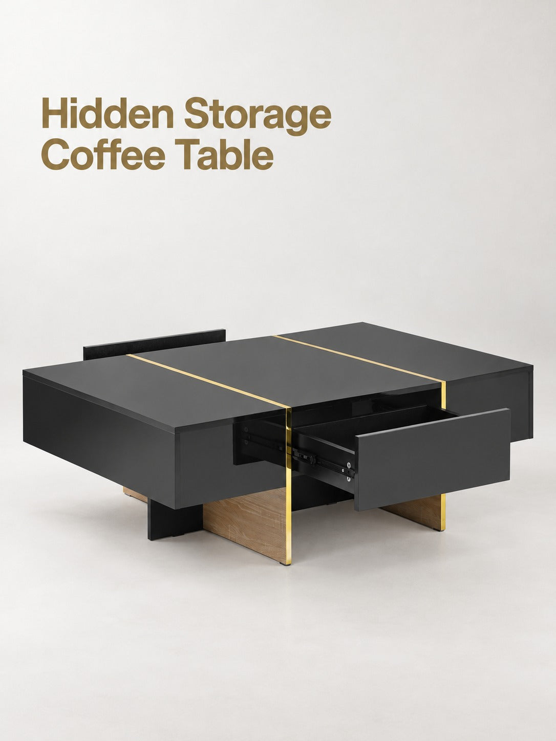 Black Coffee Table with Hidden Drawers and Gold Trim