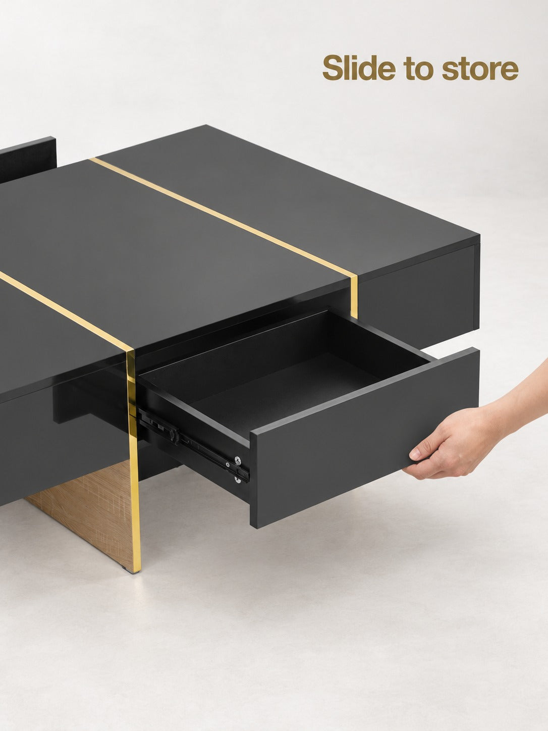 Black Coffee Table with Hidden Drawers and Gold Trim