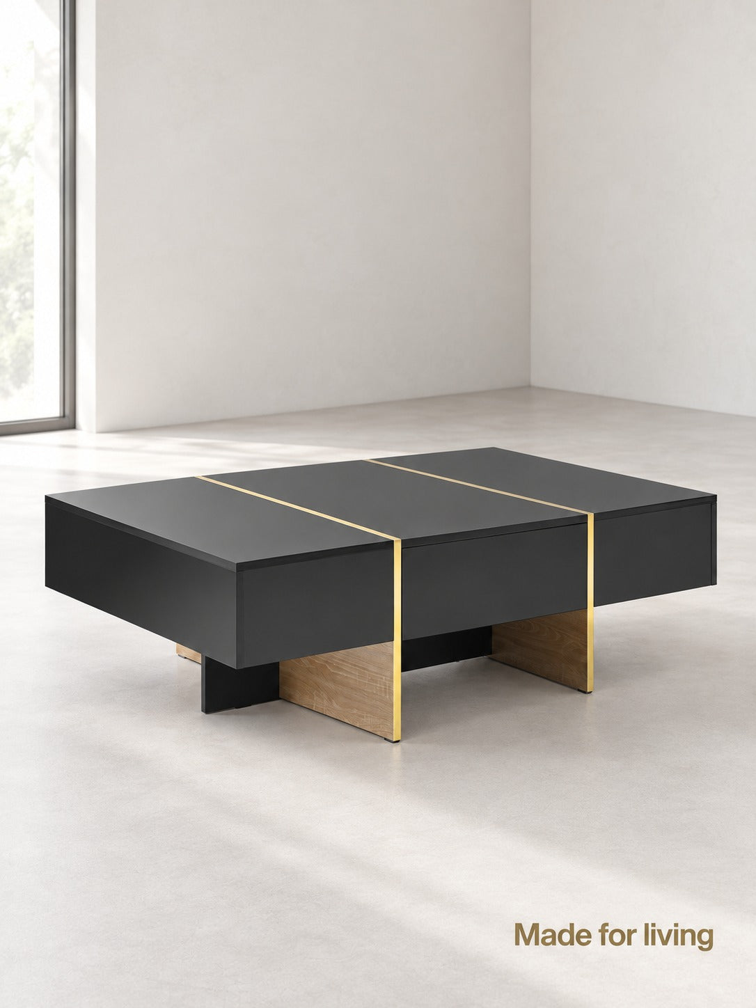 Black Coffee Table with Hidden Drawers and Gold Trim