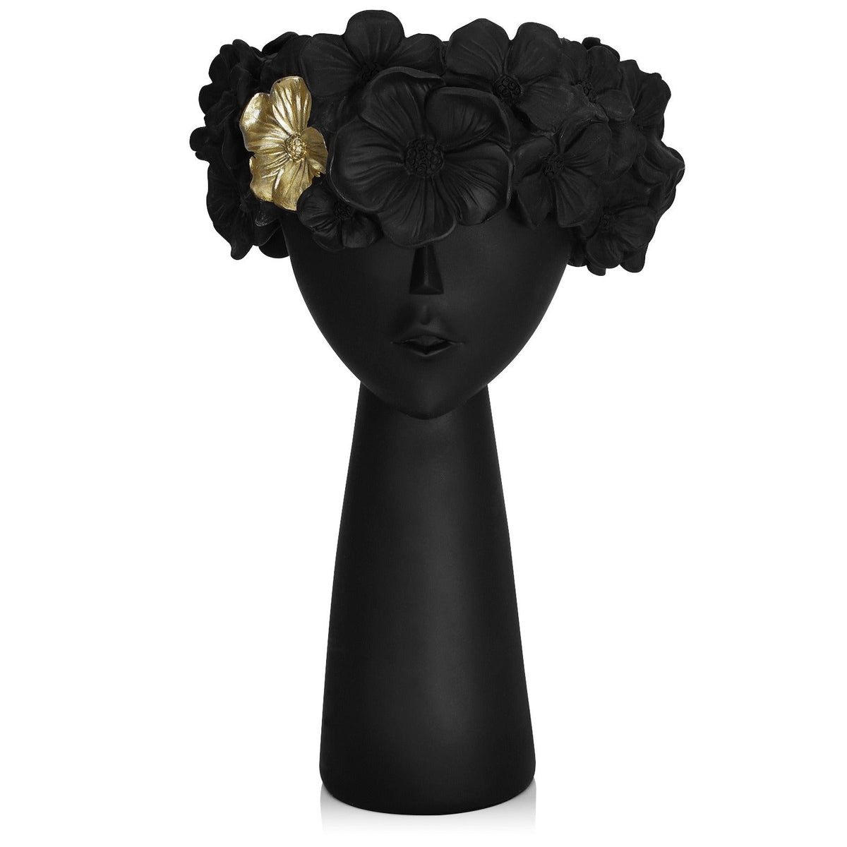 Sculptural Black Flowerpot With Gold Floral Accent