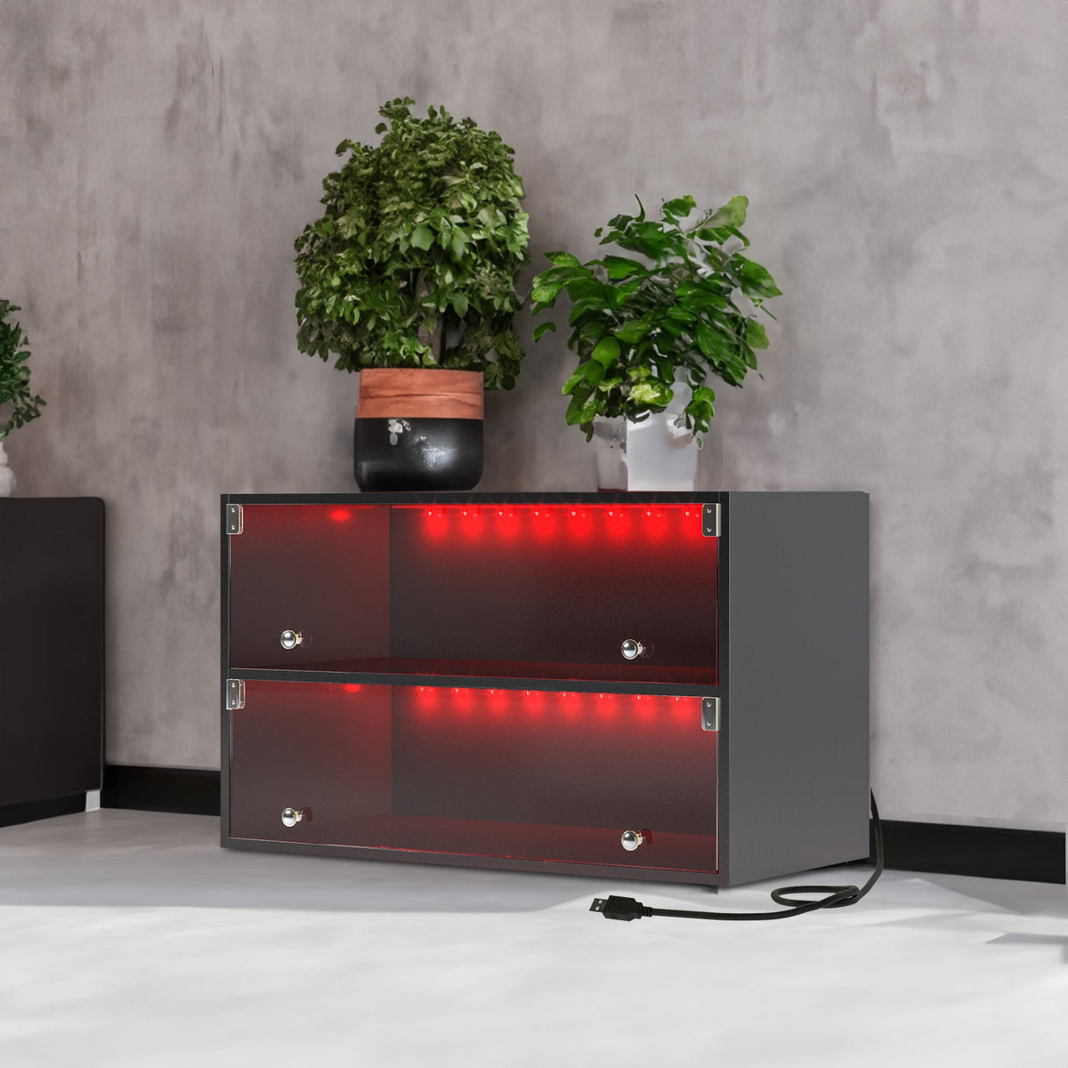 Glass Door Sneaker Cabinet with Red LED Display Light