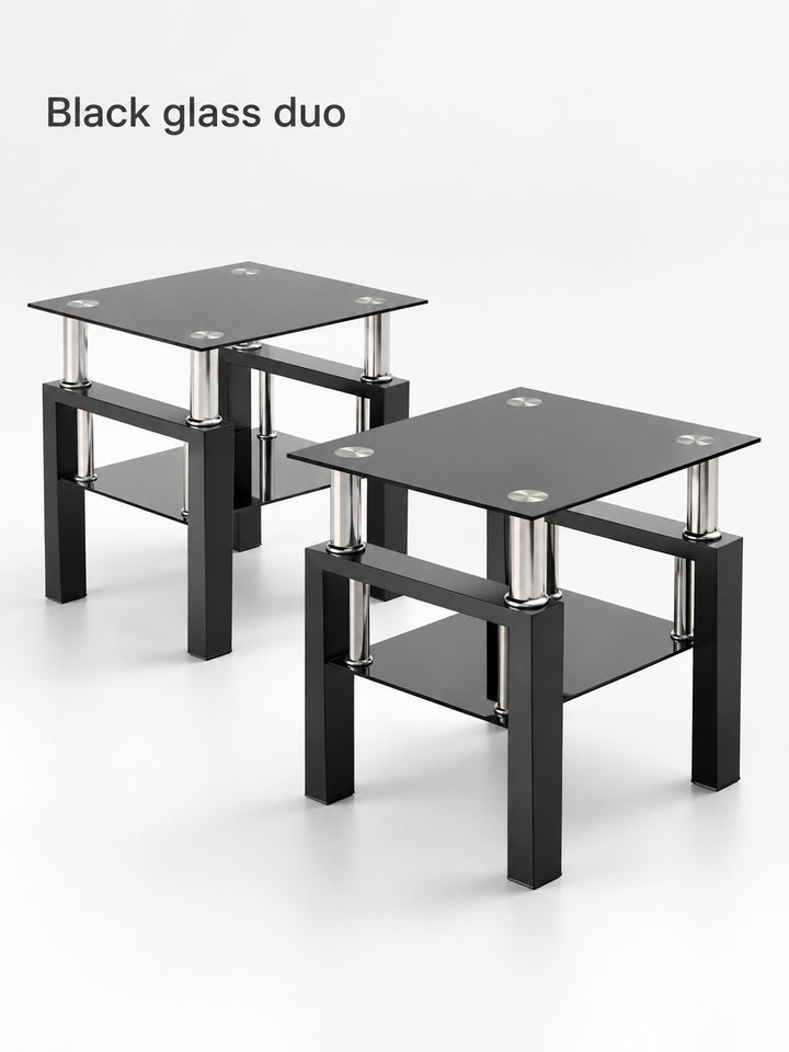 Modern Black Glass End Tables, Set of 2 with Lower Shelf